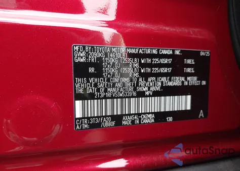 2025 Toyota Rav4 Xle from USA, damaged, VIN 2T3P1RFV5SW533916